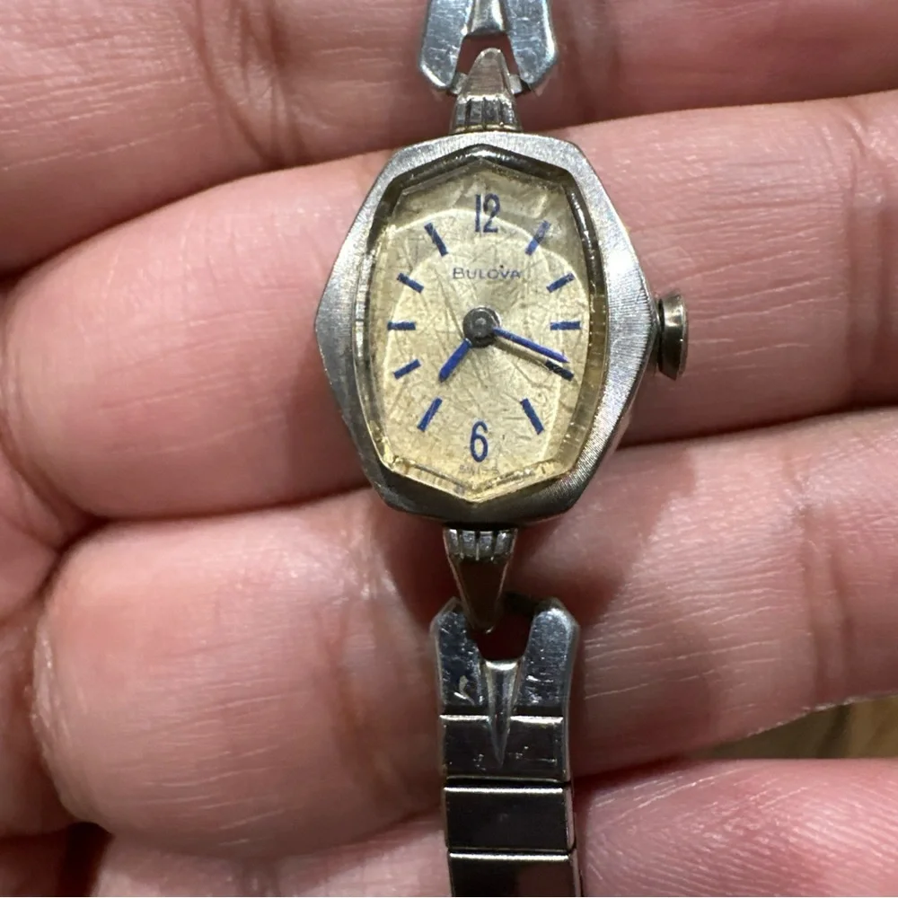 RUNS 1966 Ladies' Swiss Bulova Watch N6 10K RGP Bezel Blue Stick Mechanical Wind